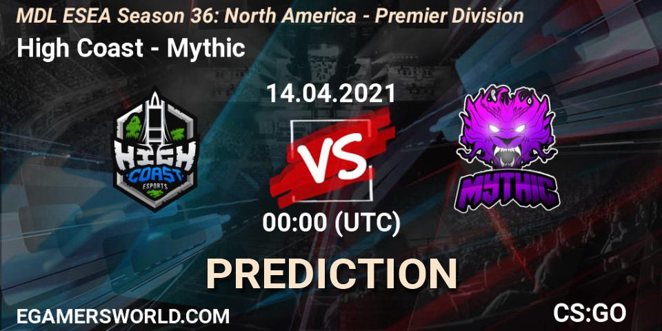 Pronósticos High Coast - Mythic. 14.04.2021 at 00:00. MDL ESEA Season 36: North America - Premier Division - Counter-Strike (CS2)
