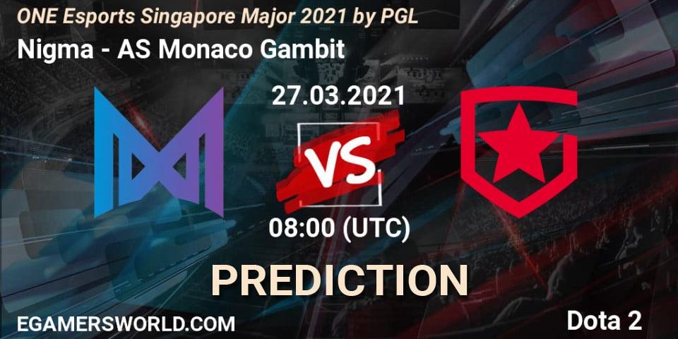 Pronósticos Nigma - AS Monaco Gambit. 27.03.2021 at 09:10. ONE Esports Singapore Major 2021 - Dota 2