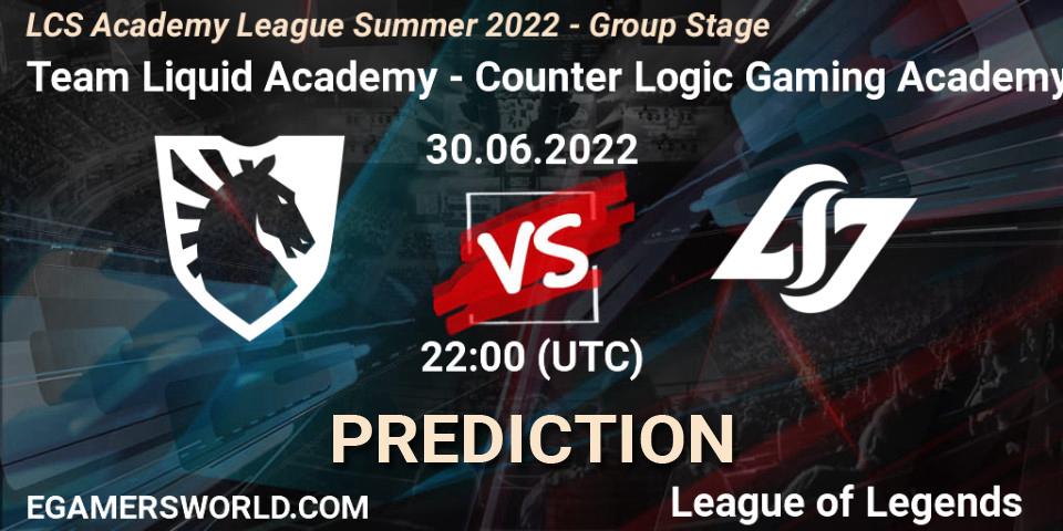 Pronósticos Team Liquid Academy - Counter Logic Gaming Academy. 30.06.2022 at 22:00. LCS Academy League Summer 2022 - Group Stage - LoL