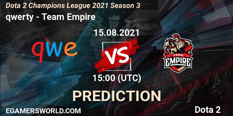 Pronósticos qwerty - Team Empire. 15.08.2021 at 15:00. Dota 2 Champions League 2021 Season 3 - Dota 2