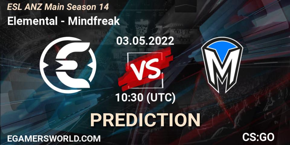 Pronósticos Elemental - Mindfreak. 03.05.2022 at 10:30. ESL ANZ Main Season 14 - Counter-Strike (CS2)