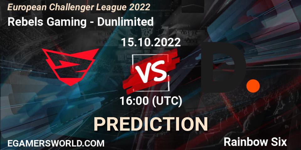 Pronósticos Rebels Gaming - Dunlimited. 15.10.2022 at 16:00. European Challenger League 2022 - Rainbow Six