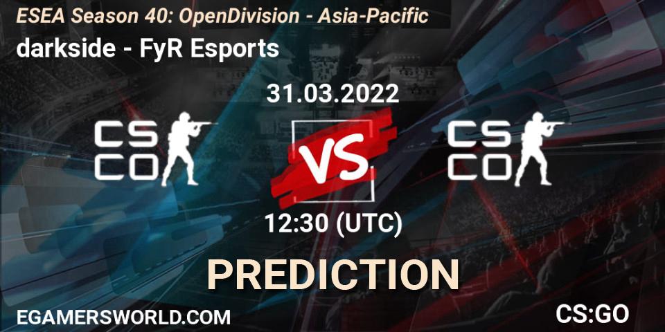 Pronósticos darkside - FyR Esports. 01.04.2022 at 13:30. ESEA Season 40: Open Division - Asia-Pacific - Counter-Strike (CS2)