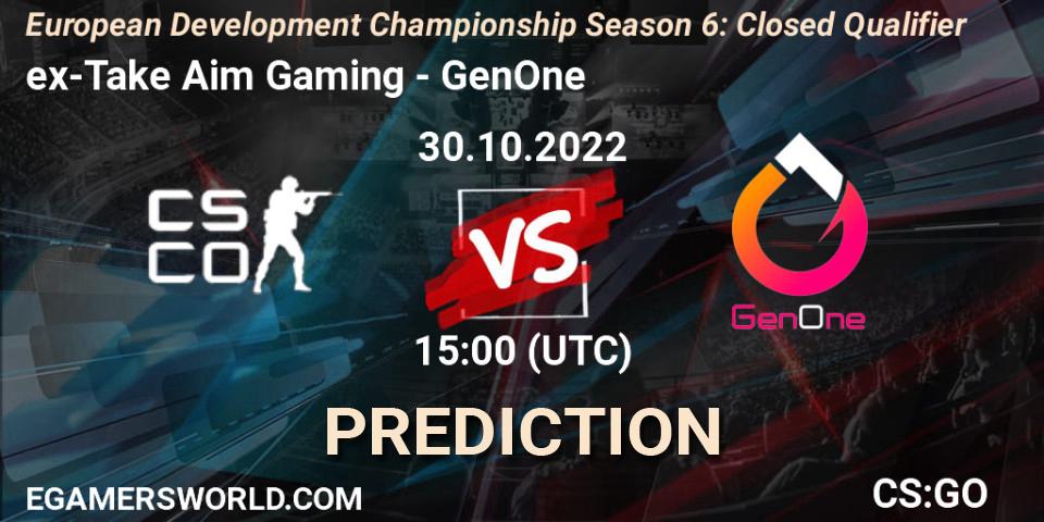 Pronósticos ex-Take Aim Gaming - GenOne. 30.10.2022 at 15:00. European Development Championship Season 6: Closed Qualifier - Counter-Strike (CS2)