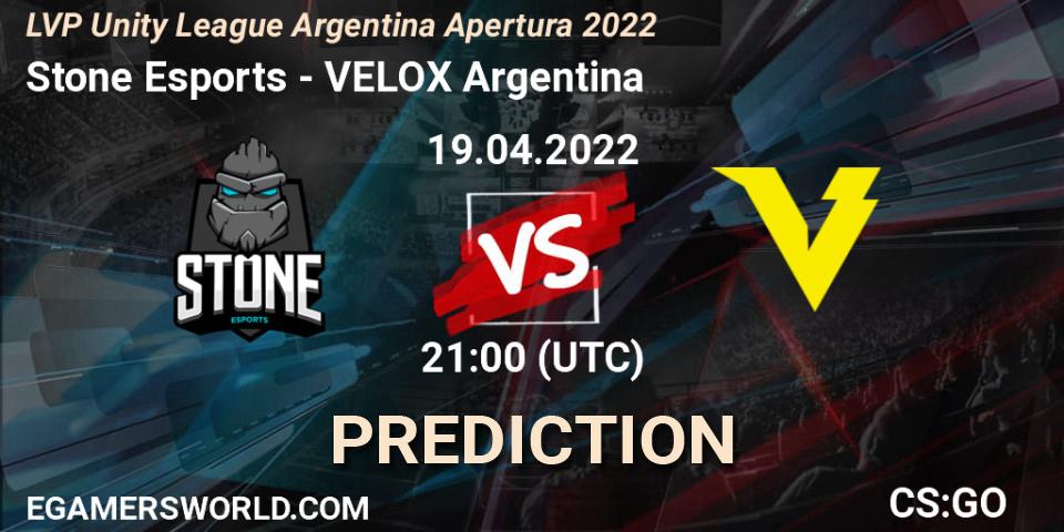 Pronósticos Stone Esports - VELOX Argentina. 03.05.2022 at 21:00. LVP Unity League Argentina Apertura 2022 - Counter-Strike (CS2)