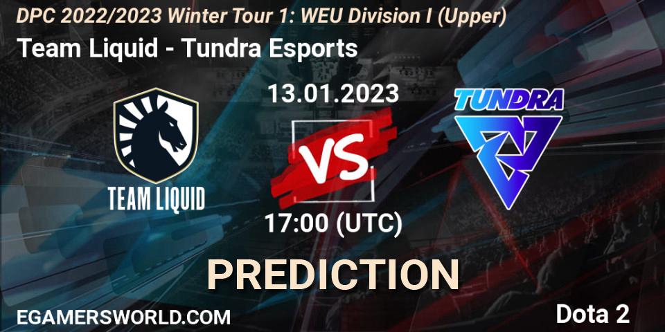 Pronósticos Team Liquid - Tundra Esports. 13.01.2023 at 16:55. DPC 2022/2023 Winter Tour 1: WEU Division I (Upper) - Dota 2