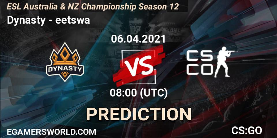 Pronósticos Dynasty - eetswa. 06.04.2021 at 08:00. ESL Australia & NZ Championship Season 12 - Counter-Strike (CS2)