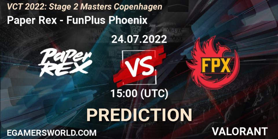 Pronósticos Paper Rex - FunPlus Phoenix. 24.07.2022 at 15:15. VCT 2022: Stage 2 Masters Copenhagen - VALORANT