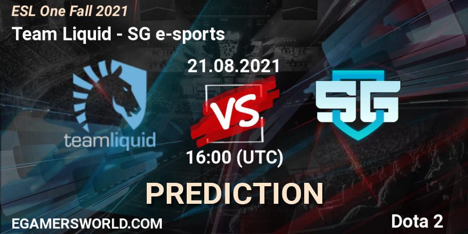 Pronósticos Team Liquid - SG e-sports. 21.08.2021 at 15:55. ESL One Fall 2021 - Dota 2