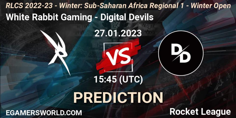 Pronósticos White Rabbit Gaming - Digital Devils. 27.01.2023 at 15:45. RLCS 2022-23 - Winter: Sub-Saharan Africa Regional 1 - Winter Open - Rocket League