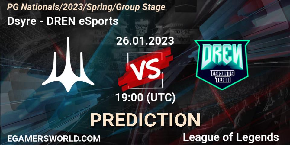 Pronósticos Dsyre - DREN eSports. 26.01.2023 at 19:00. PG Nationals Spring 2023 - Group Stage - LoL
