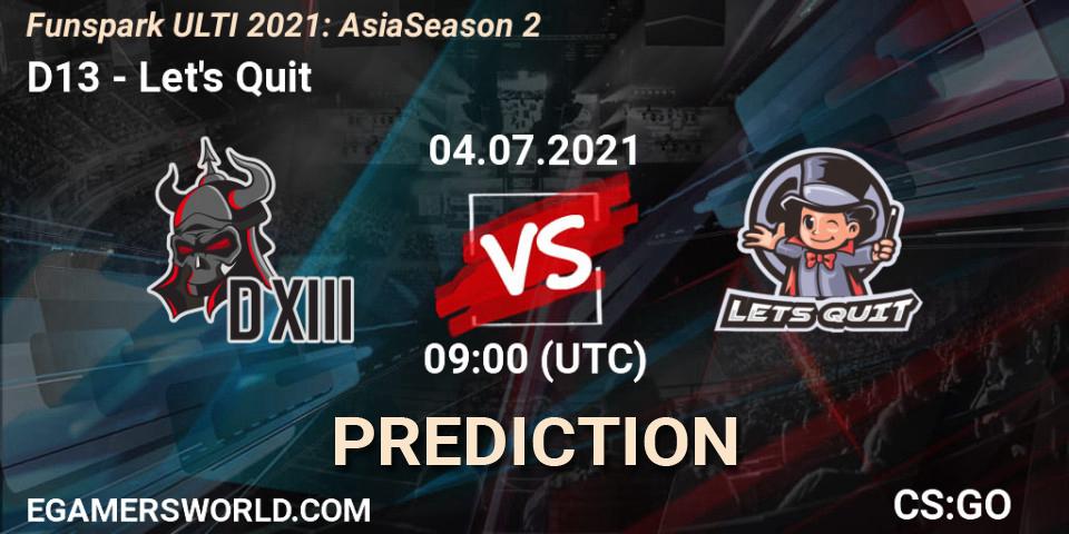Pronósticos D13 - Let's Quit. 04.07.2021 at 10:00. Funspark ULTI 2021: Asia Season 2 - Counter-Strike (CS2)