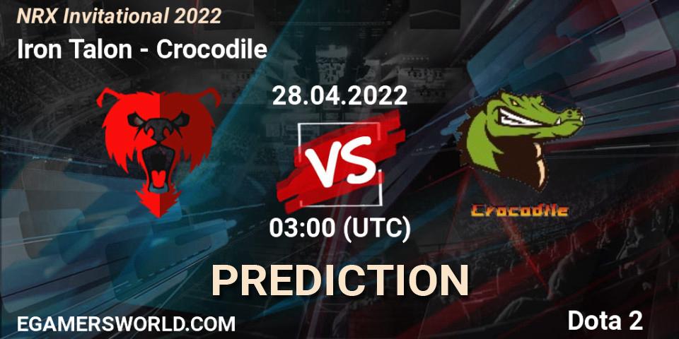 Pronósticos Iron Talon - Crocodile. 28.04.2022 at 03:11. NRX Invitational 2022 - Dota 2