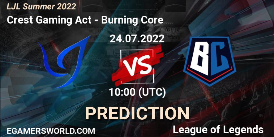 Pronósticos Crest Gaming Act - Burning Core. 24.07.2022 at 10:00. LJL Summer 2022 - LoL