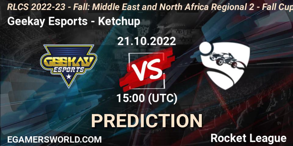 Pronósticos Geekay Esports - Ketchup. 21.10.2022 at 15:00. RLCS 2022-23 - Fall: Middle East and North Africa Regional 2 - Fall Cup - Rocket League