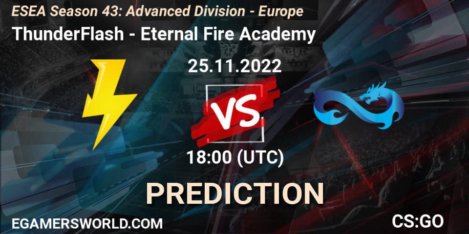Pronósticos ThunderFlash - Eternal Fire Academy. 25.11.2022 at 18:00. ESEA Season 43: Advanced Division - Europe - Counter-Strike (CS2)