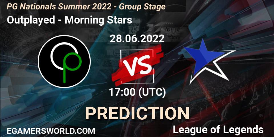Pronósticos Outplayed - Morning Stars. 28.06.2022 at 17:00. PG Nationals Summer 2022 - Group Stage - LoL