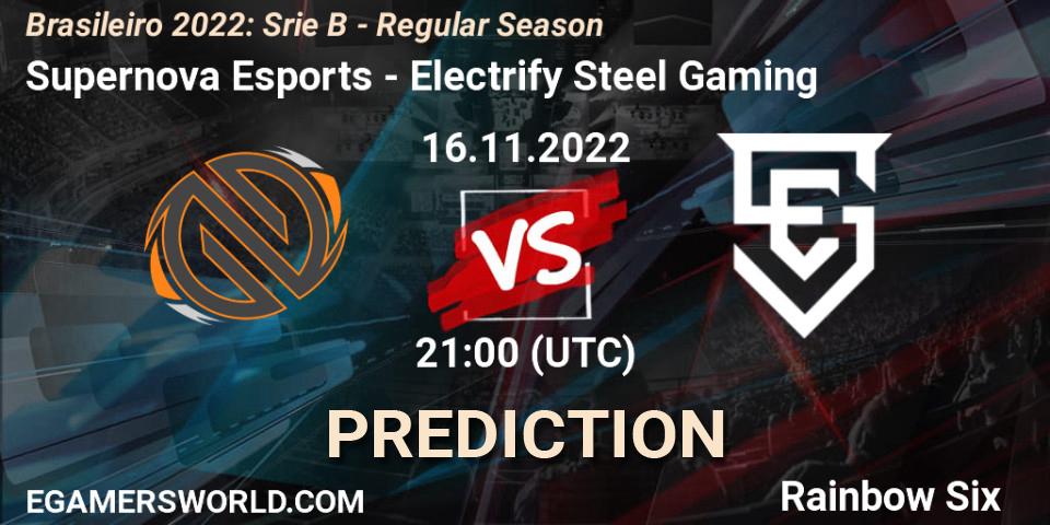 Pronósticos Supernova Esports - Electrify Steel Gaming. 16.11.2022 at 21:00. Brasileirão 2022: Série B - Regular Season - Rainbow Six