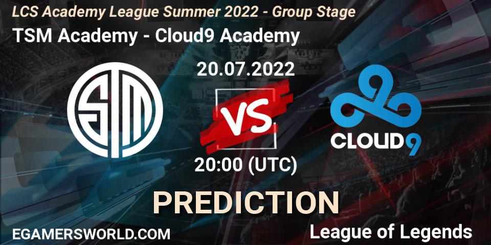 Pronósticos TSM Academy - Cloud9 Academy. 20.07.2022 at 20:00. LCS Academy League Summer 2022 - Group Stage - LoL