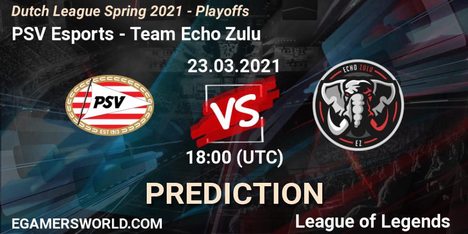 Pronósticos PSV Esports - Team Echo Zulu. 23.03.2021 at 18:00. Dutch League Spring 2021 - Playoffs - LoL