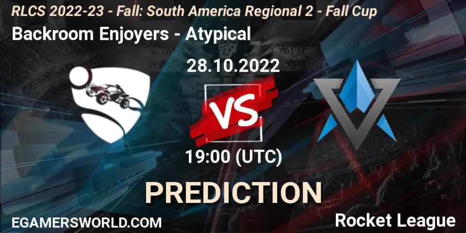 Pronósticos Backroom Enjoyers - Atypical. 28.10.2022 at 19:00. RLCS 2022-23 - Fall: South America Regional 2 - Fall Cup - Rocket League