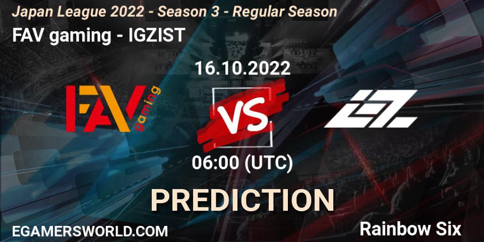 Pronósticos FAV gaming - IGZIST. 16.10.2022 at 06:00. Japan League 2022 - Season 3 - Regular Season - Rainbow Six