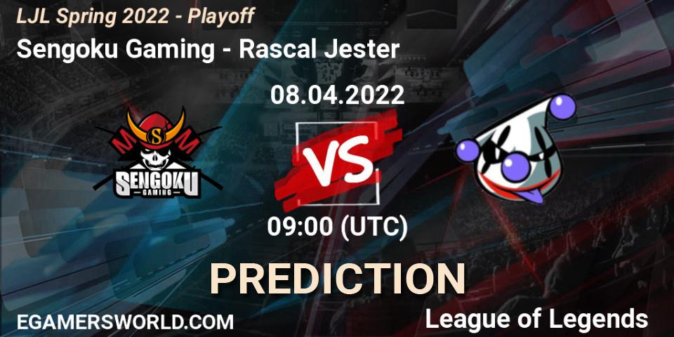 Pronósticos Sengoku Gaming - Rascal Jester. 08.04.2022 at 09:00. LJL Spring 2022 - Playoff - LoL