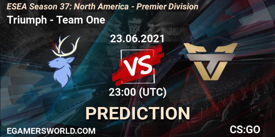 Pronósticos Triumph - Team One. 23.06.2021 at 23:00. ESEA Season 37: North America - Premier Division - Counter-Strike (CS2)