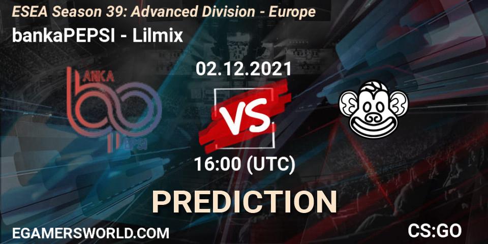Pronósticos bankaPEPSI - Lilmix. 02.12.2021 at 16:00. ESEA Season 39: Advanced Division - Europe - Counter-Strike (CS2)
