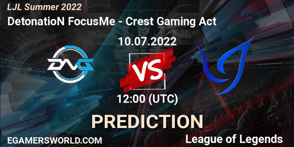 Pronósticos DetonatioN FocusMe - Crest Gaming Act. 10.07.2022 at 12:00. LJL Summer 2022 - LoL