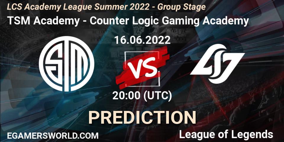 Pronósticos TSM Academy - Counter Logic Gaming Academy. 16.06.2022 at 20:00. LCS Academy League Summer 2022 - Group Stage - LoL