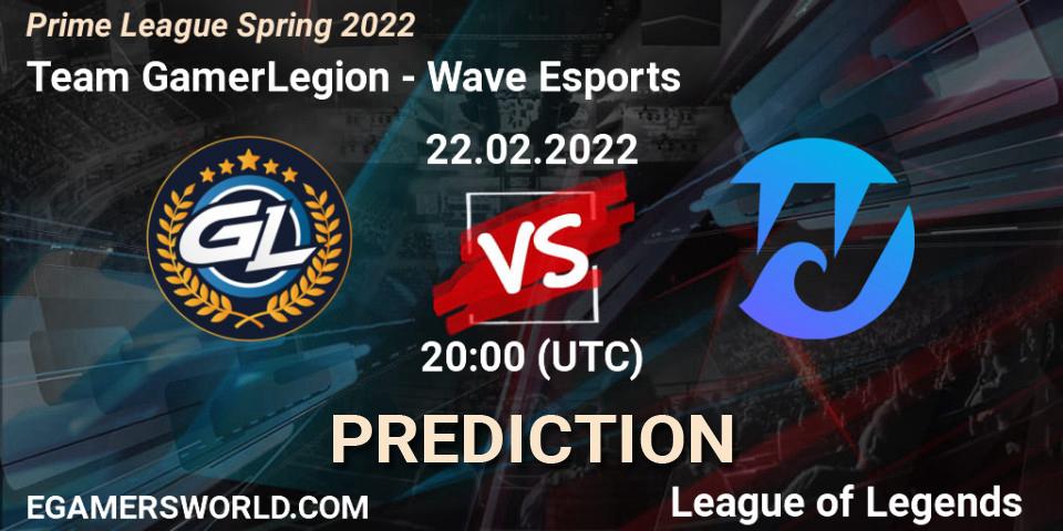Pronósticos Team GamerLegion - Wave Esports. 22.02.2022 at 20:00. Prime League Spring 2022 - LoL