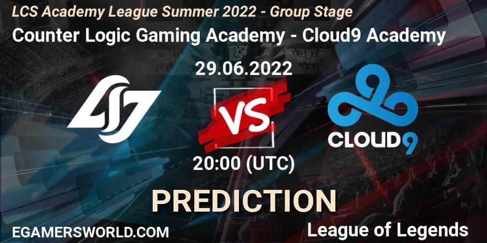 Pronósticos Counter Logic Gaming Academy - Cloud9 Academy. 29.06.2022 at 20:00. LCS Academy League Summer 2022 - Group Stage - LoL