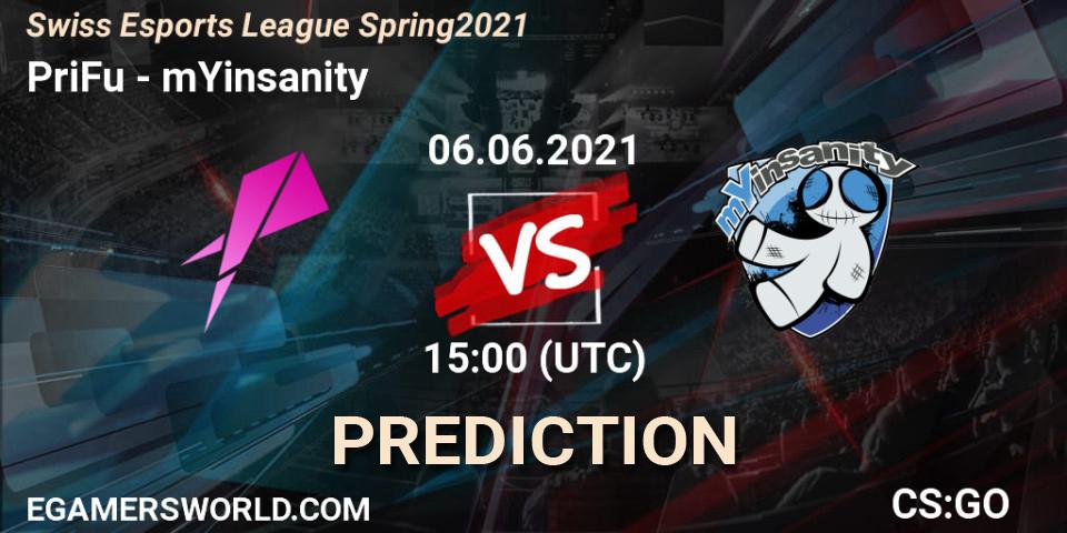 Pronósticos PriFu - mYinsanity. 06.06.2021 at 15:00. Swiss Esports League Spring 2021 - Counter-Strike (CS2)