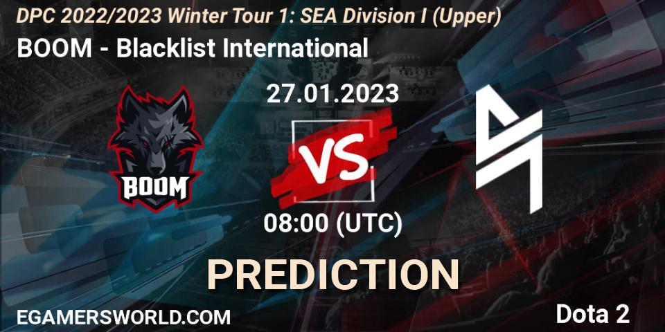 Pronósticos BOOM - Blacklist International. 27.01.2023 at 08:00. DPC 2022/2023 Winter Tour 1: SEA Division I (Upper) - Dota 2