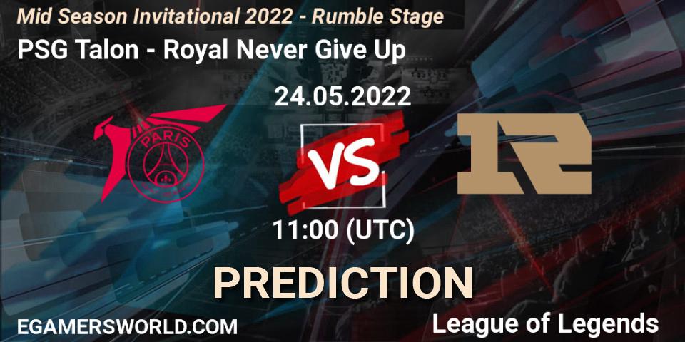 Pronósticos PSG Talon - Royal Never Give Up. 24.05.2022 at 09:00. Mid Season Invitational 2022 - Rumble Stage - LoL