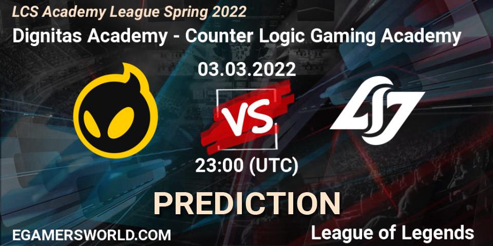 Pronósticos Dignitas Academy - Counter Logic Gaming Academy. 03.03.2022 at 23:00. LCS Academy League Spring 2022 - LoL