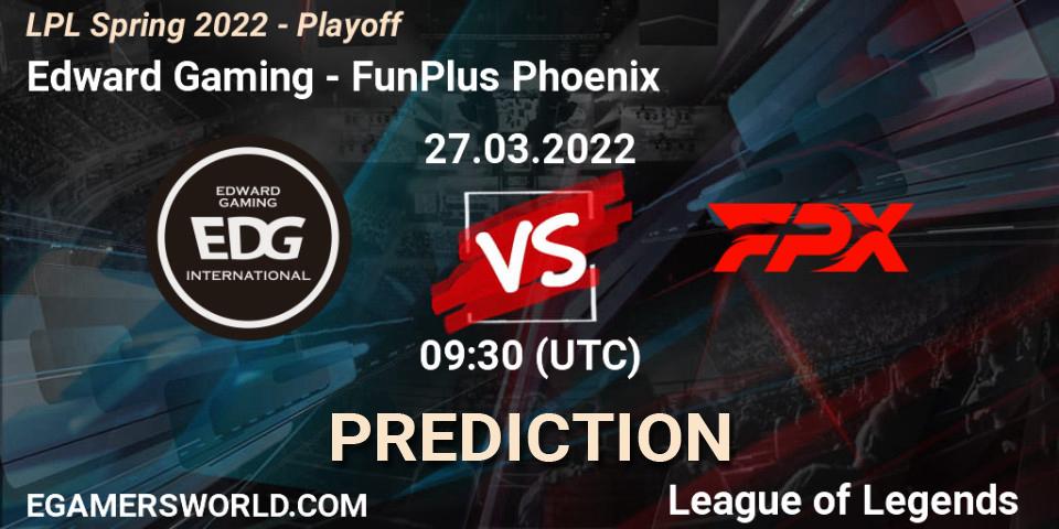 Pronósticos Edward Gaming - FunPlus Phoenix. 27.03.2022 at 08:45. LPL Spring 2022 - Playoff - LoL