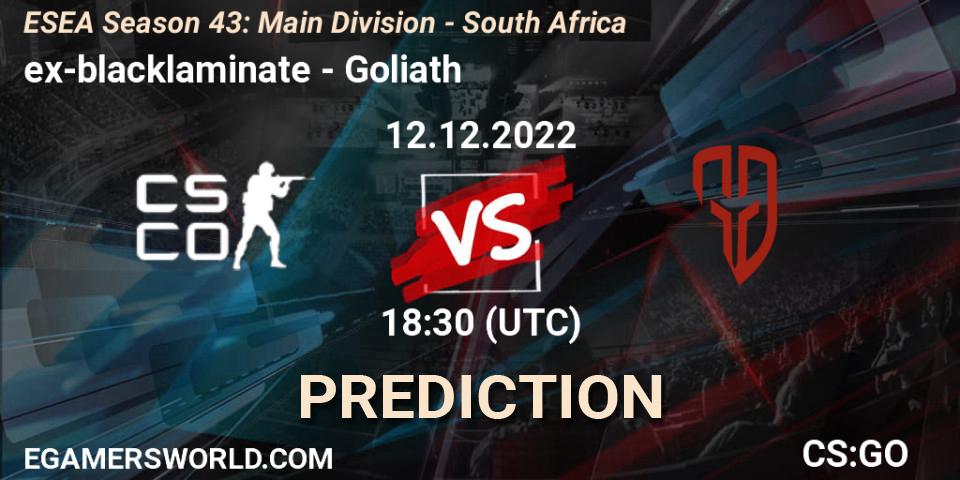 Pronósticos ex-blacklaminate - Goliath. 12.12.2022 at 18:30. ESEA Season 43: Main Division - South Africa - Counter-Strike (CS2)