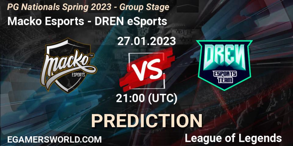 Pronósticos Macko Esports - DREN eSports. 27.01.2023 at 21:00. PG Nationals Spring 2023 - Group Stage - LoL