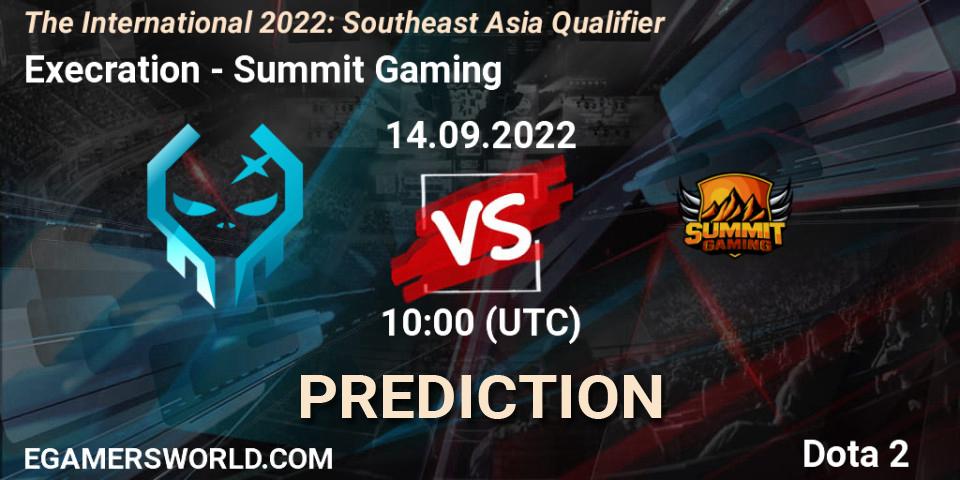 Pronósticos Execration - Summit Gaming. 14.09.2022 at 12:02. The International 2022: Southeast Asia Qualifier - Dota 2