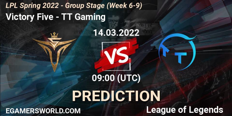 Pronósticos Victory Five - TT Gaming. 14.03.2022 at 09:00. LPL Spring 2022 - Group Stage (Week 6-9) - LoL