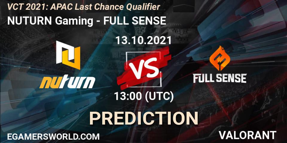 Pronósticos NUTURN Gaming - FULL SENSE. 13.10.2021 at 12:00. VCT 2021: APAC Last Chance Qualifier - VALORANT