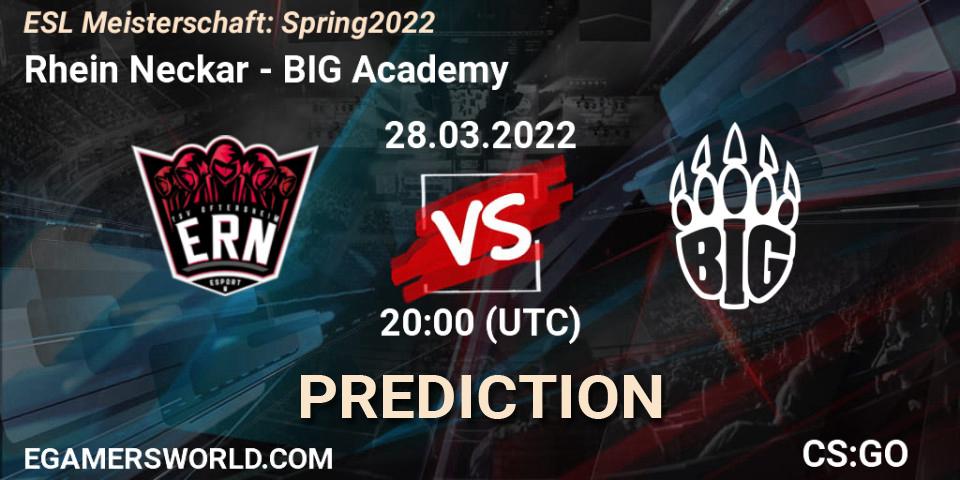 Pronósticos Rhein Neckar - BIG Academy. 28.03.2022 at 19:00. ESL Meisterschaft: Spring 2022 - Counter-Strike (CS2)