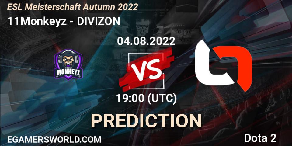 Pronósticos 11Monkeyz - DIVIZON. 04.08.2022 at 19:25. ESL Meisterschaft Autumn 2022 - Dota 2