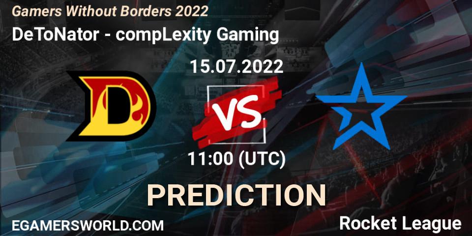 Pronósticos DeToNator - compLexity Gaming. 15.07.2022 at 11:00. Gamers Without Borders 2022 - Rocket League