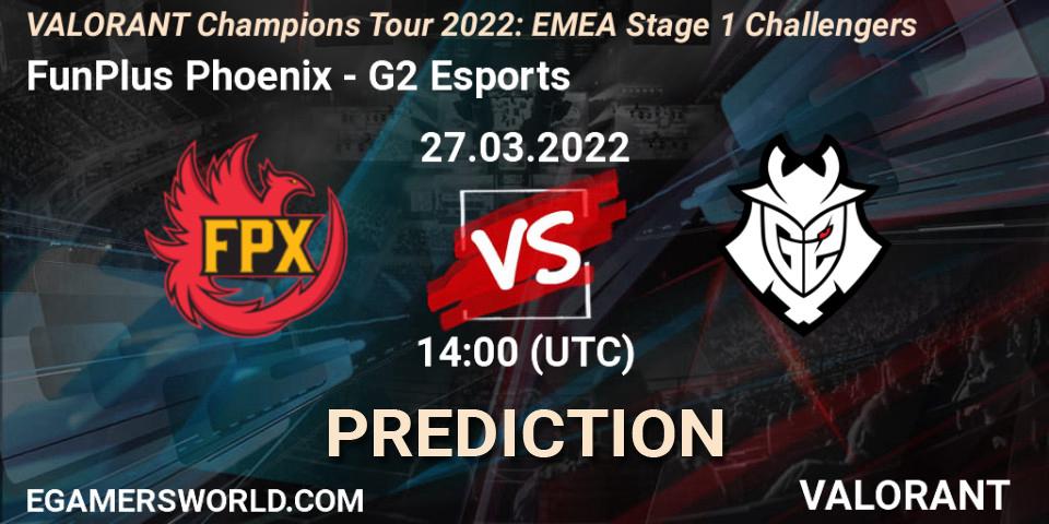 Pronósticos FunPlus Phoenix - G2 Esports. 27.03.2022 at 14:00. VCT 2022: EMEA Stage 1 Challengers - VALORANT