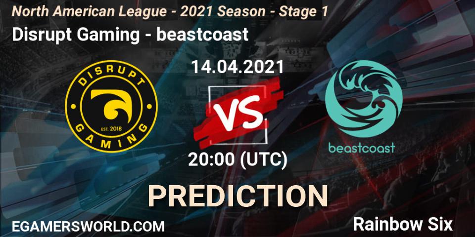 Pronósticos Disrupt Gaming - beastcoast. 14.04.2021 at 20:00. North American League - 2021 Season - Stage 1 - Rainbow Six