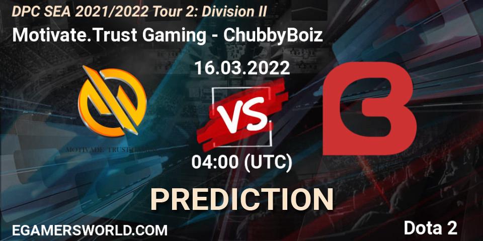 Pronósticos Motivate.Trust Gaming - ChubbyBoiz. 16.03.2022 at 04:00. DPC 2021/2022 Tour 2: SEA Division II (Lower) - Dota 2