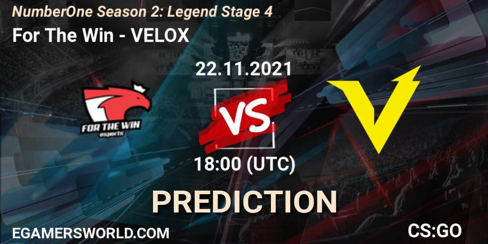 Pronósticos For The Win - VELOX. 22.11.2021 at 18:00. NumberOne Season 2: Legend Stage 4 - Counter-Strike (CS2)